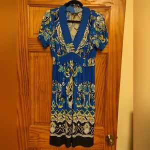 Valerie Bertinelli Blue Paisley V-Neck Dress